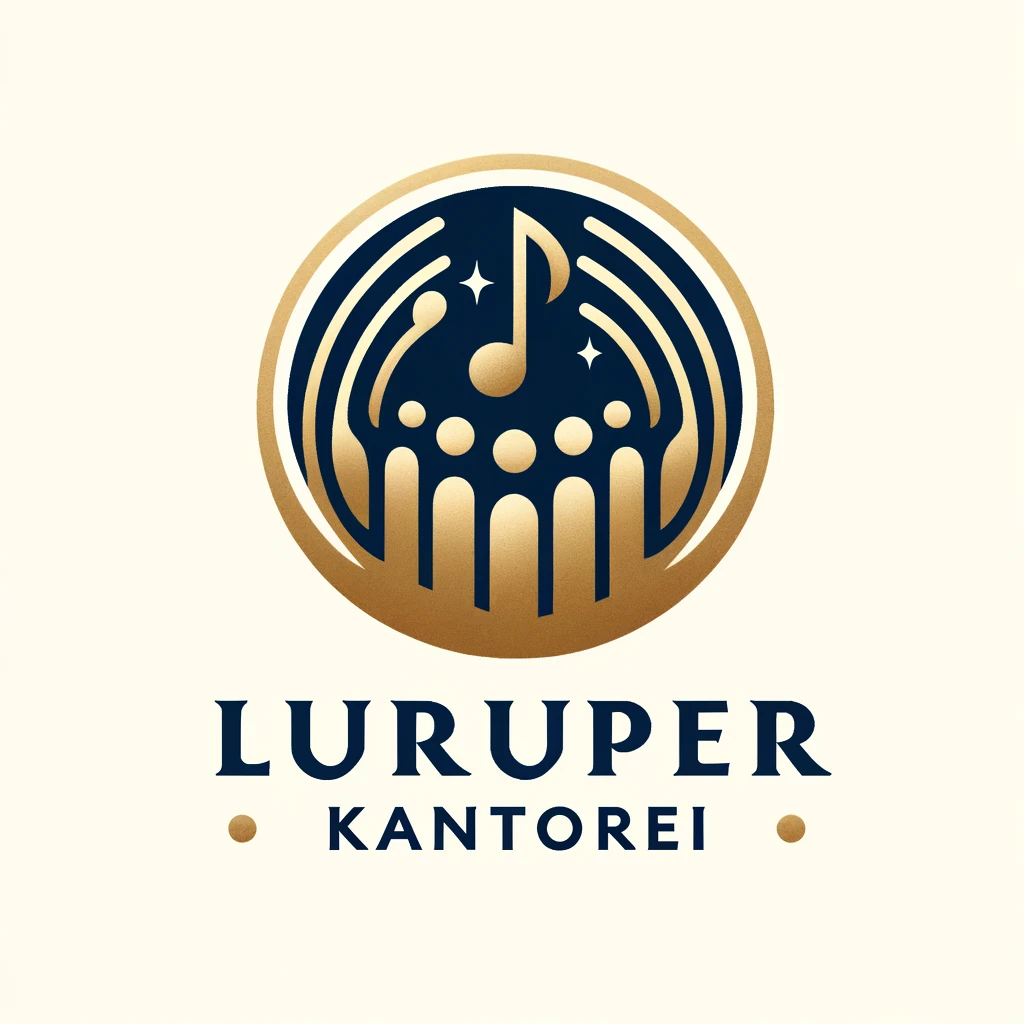Das Logo der Kantorei: Auf einem beigen Hintergrund ist ein dunkelblauber Kreis mit goldenem Rahmen zu sehen. In dem Kreis sind in gold Silhouetten angedeutet und in der Mitte eine einzelne Note.