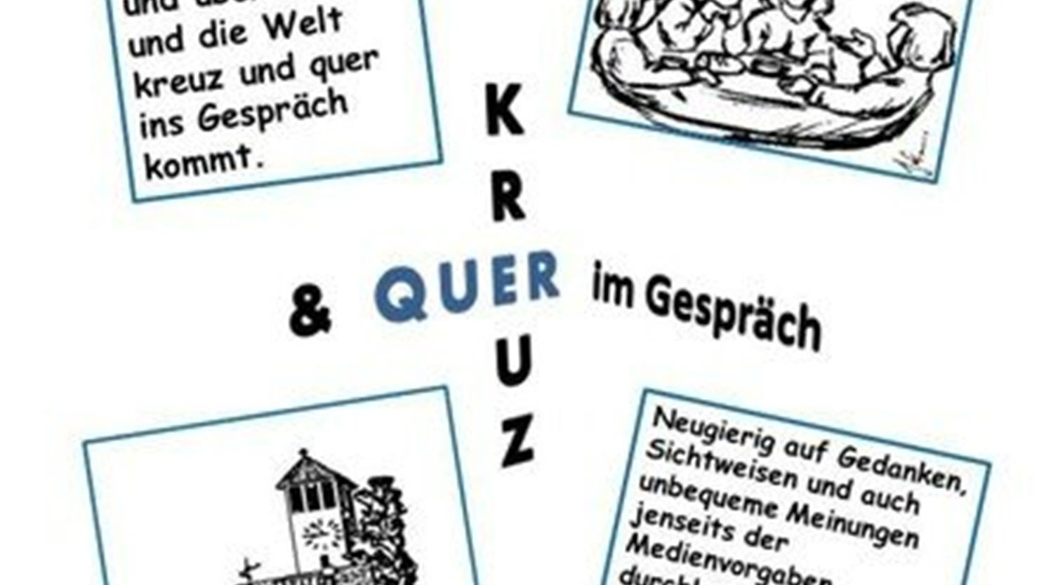 Das Logo des Gesprächskreises: die Wörter kreuz und quer sind kreuzförmig angeordnet, dahinter steht kursivgedruckt "im Gespräch", in den Ecken befinden sich schematische Zeichnungen in schwarz-weiß von der Außenansicht der Auferstehungskirche und vier Menschen, die an einem Tisch sitzen und sich unterhalten.