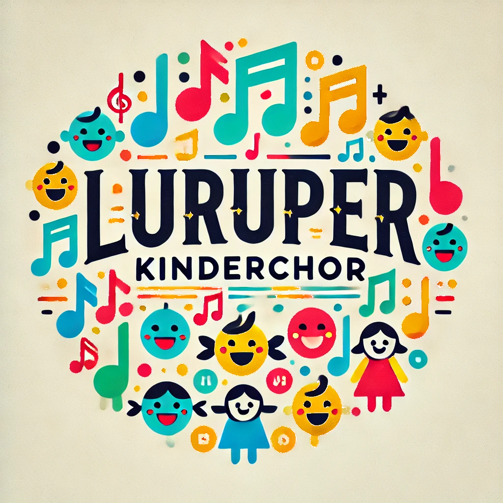 Das Logo des Kinderchors: bunte Noten und fröhliche Kindergesichter in Blau, rot, gelb und weiß, die in einem Kreis auf beigem Hintergrund angeordnet sind.