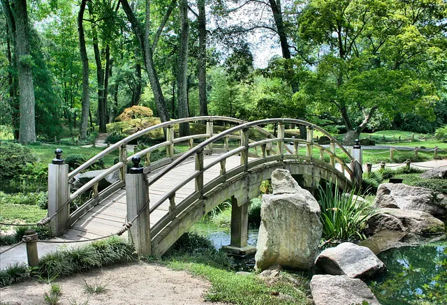Eine Brücke im Grünen, die über einen kleinen Bach führt.