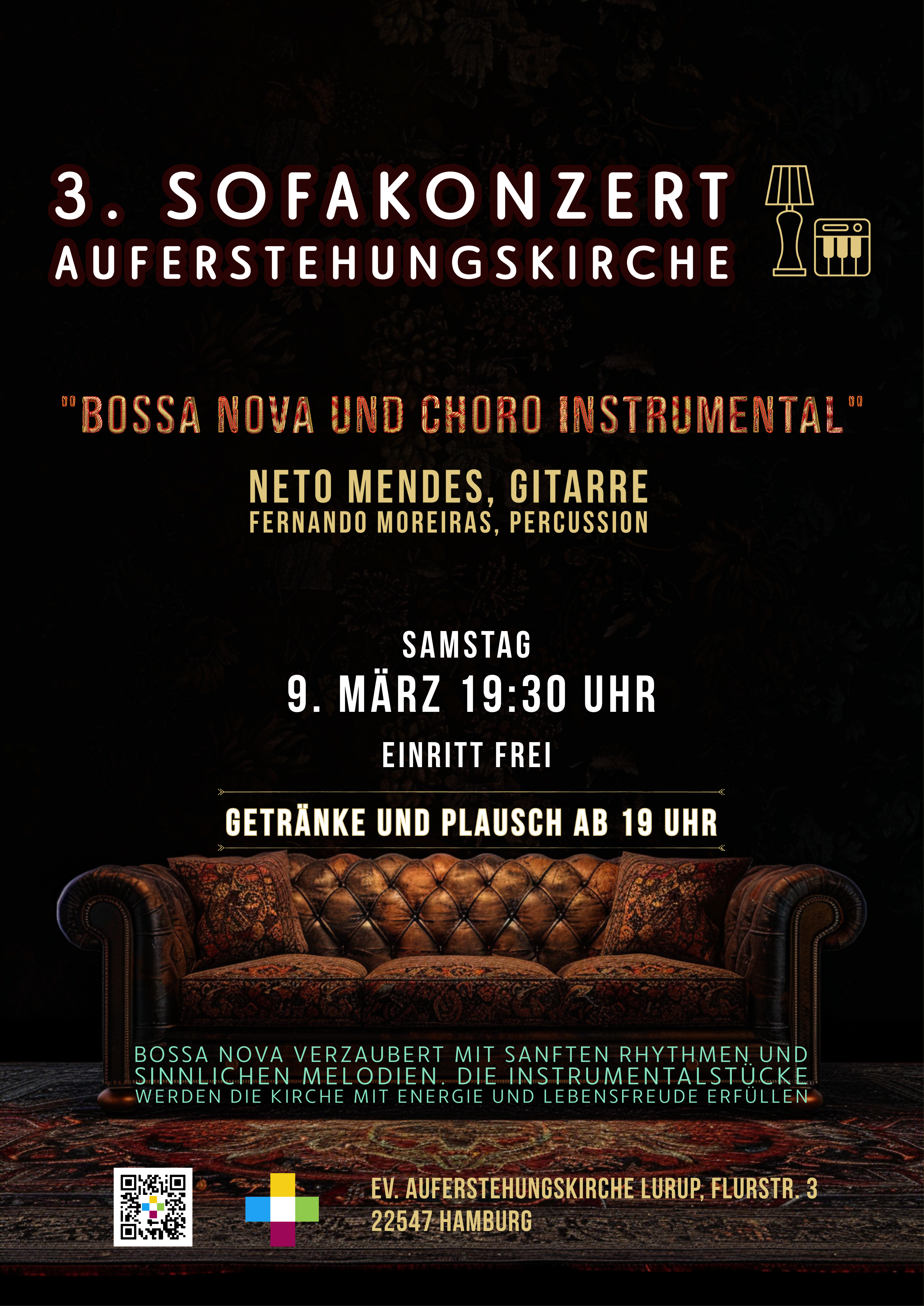 Das Einladungsplakat: Auf schwarzem Untergund ist unten ein warm erleuchtetes braunes Sofa zu sehen und obendrüber stehen in weißer, brauner und goldener Schrift die Details der Veranstaltung vom 9. März.